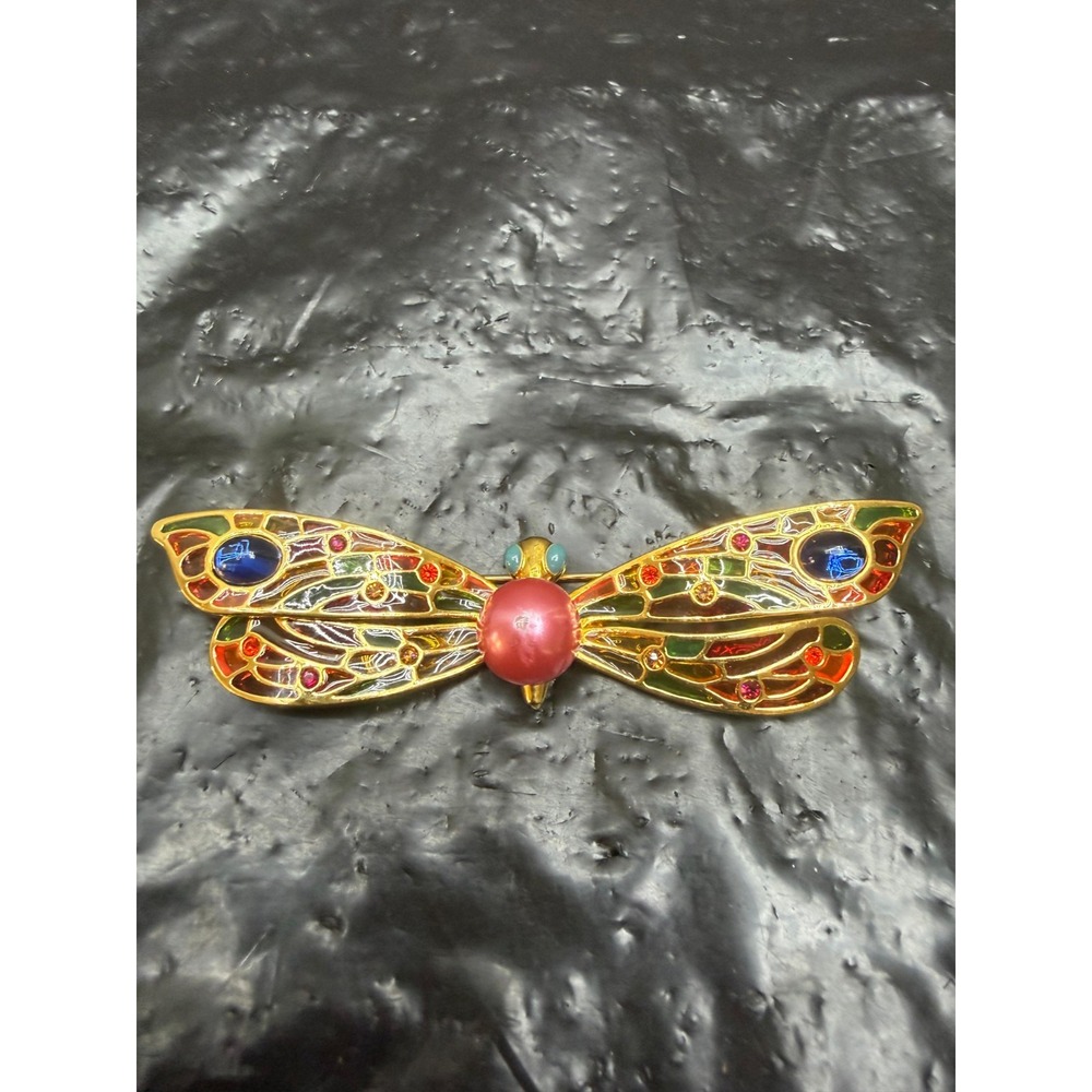 Vintage Joan Rivers Classics Plique A Jour Stained Glass Dragonfly Brooch As Is